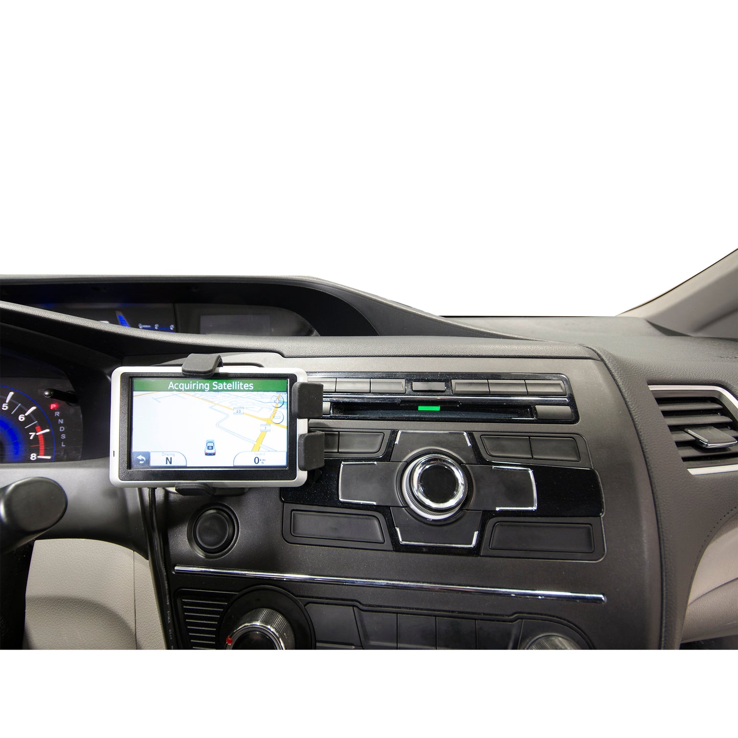 American the Flag Hug Buddy attached to a vehicle air vent, twisted sideways to show the GPS