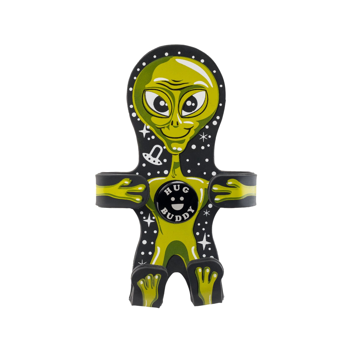 Image of Alien Hug Buddy on a white background, with its arms and legs folded inward as they would be when holding a phone or other smart device.