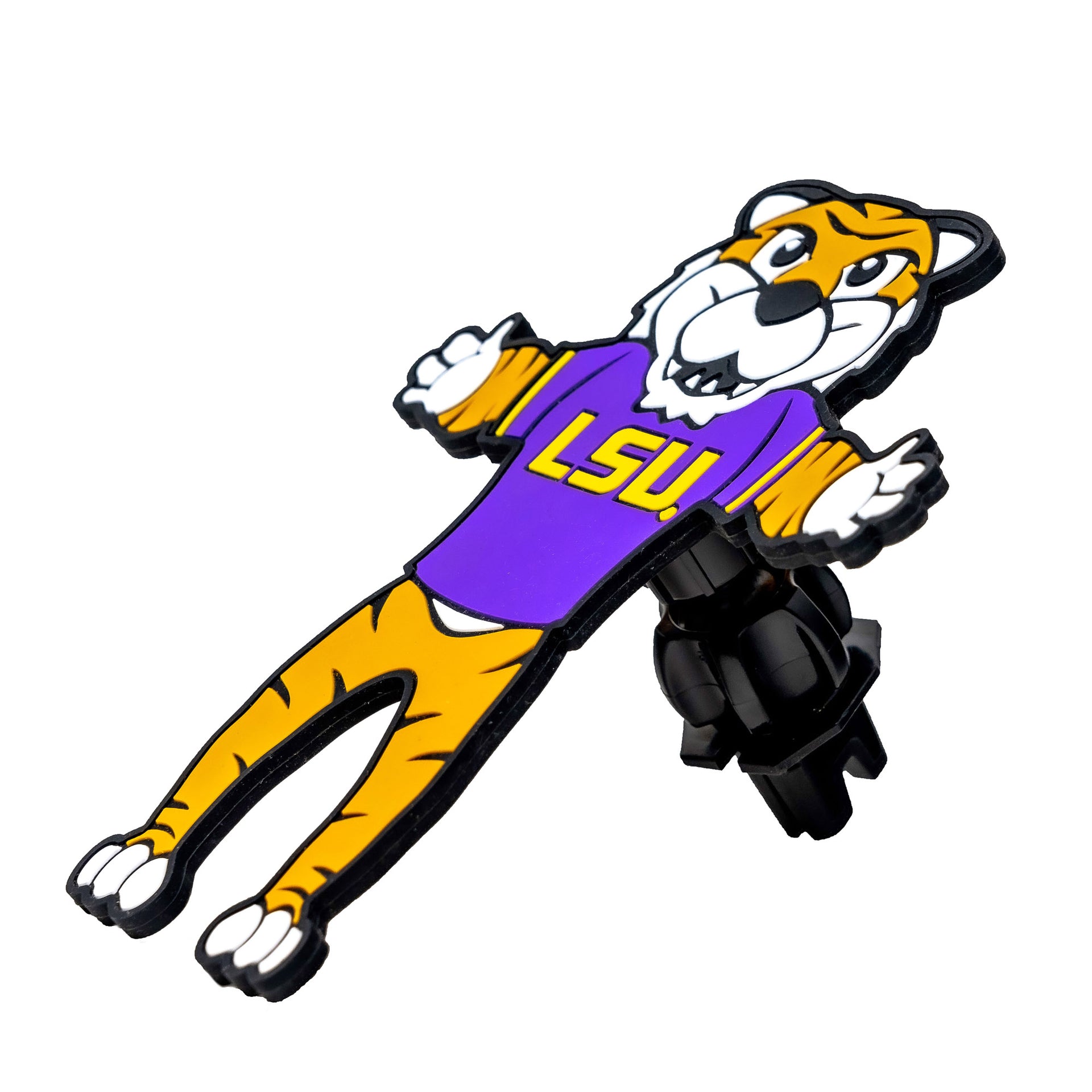 Image of NCAA LSU Tiger Hug Buddy resting on its vent clip at a 45 degree side angle, on a white background