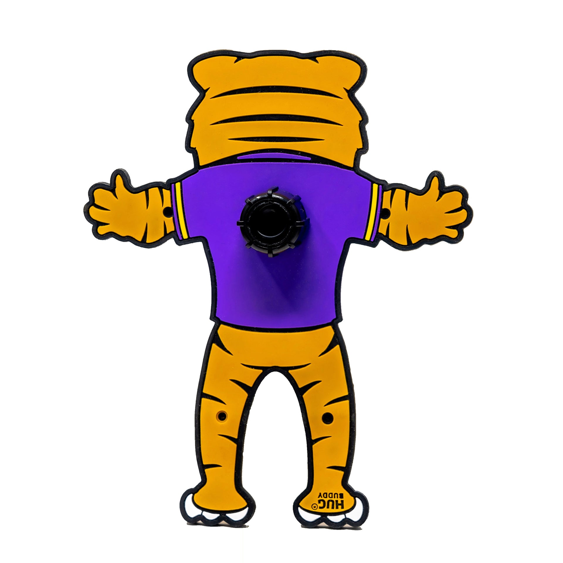 Image of NCAA LSU Tiger Hug Buddy back view on a white background with arms and legs spread in the open position, showing the back of the figure without the vent clip attached