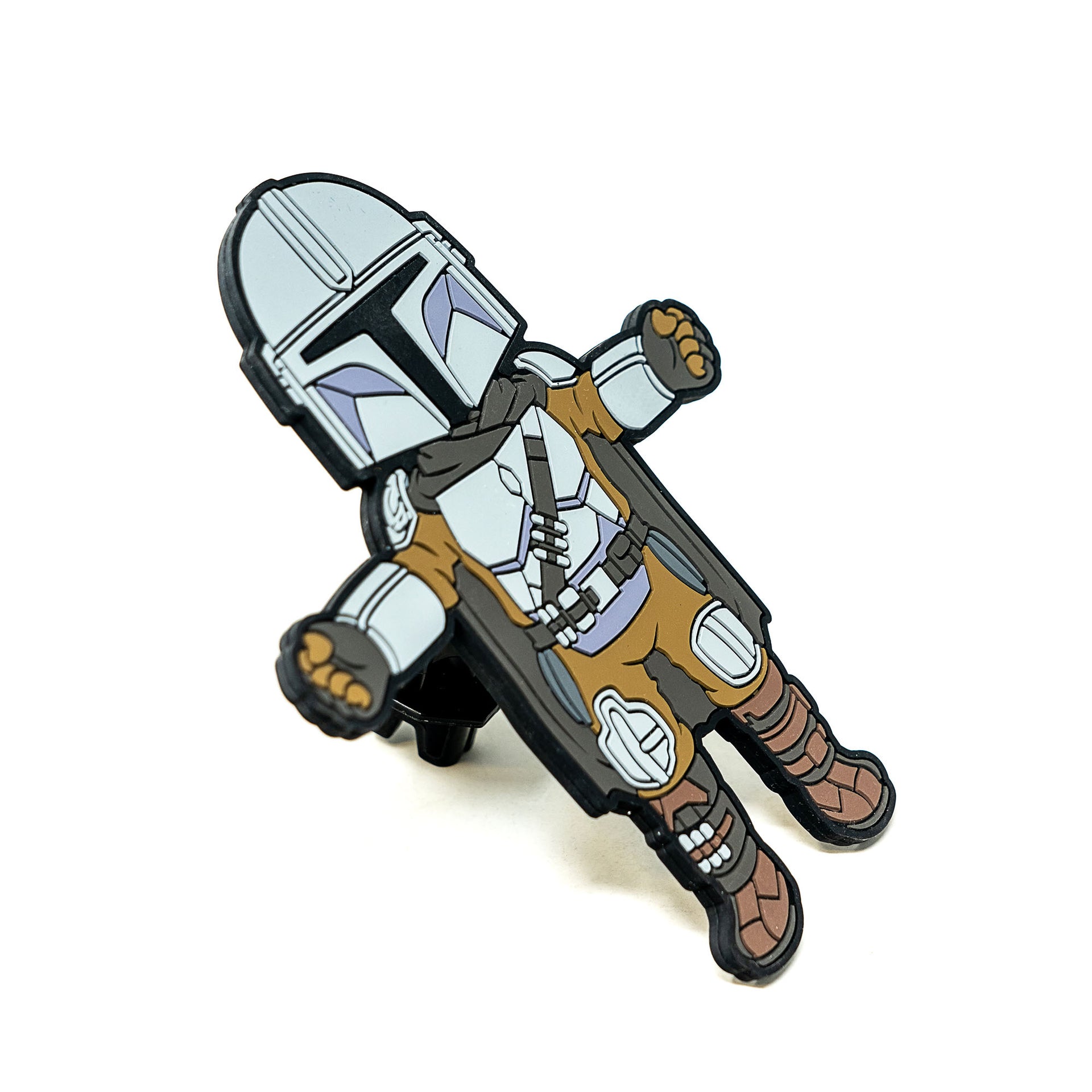Image of Star Wars The Mandalorian Hug Buddy on a white background, resting on its vent clip, viewed from a 45 degree side angle