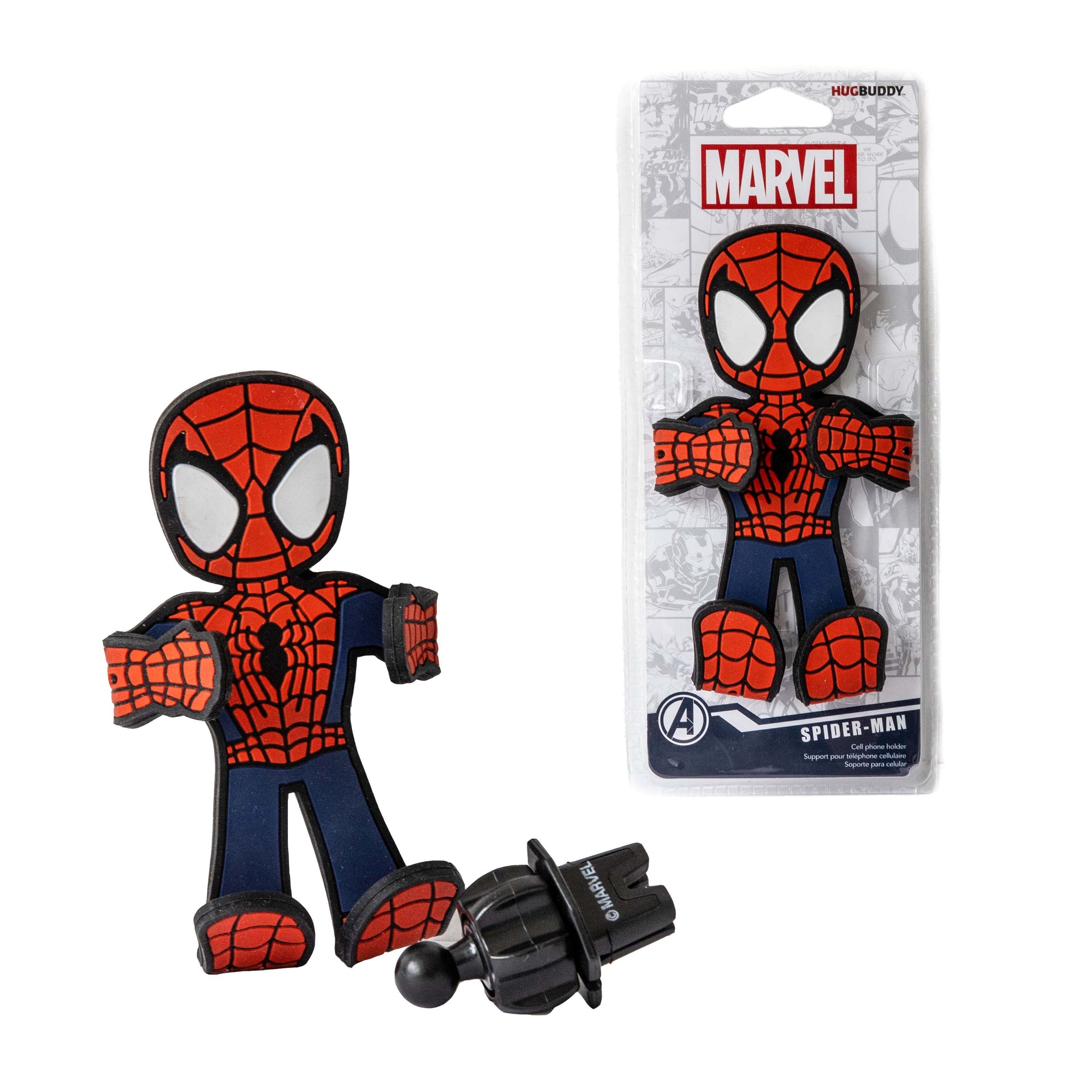 Image of Marvel Comics Spider-Man Hug Buddy packaging and the figure outside the packaging right beside it, front view