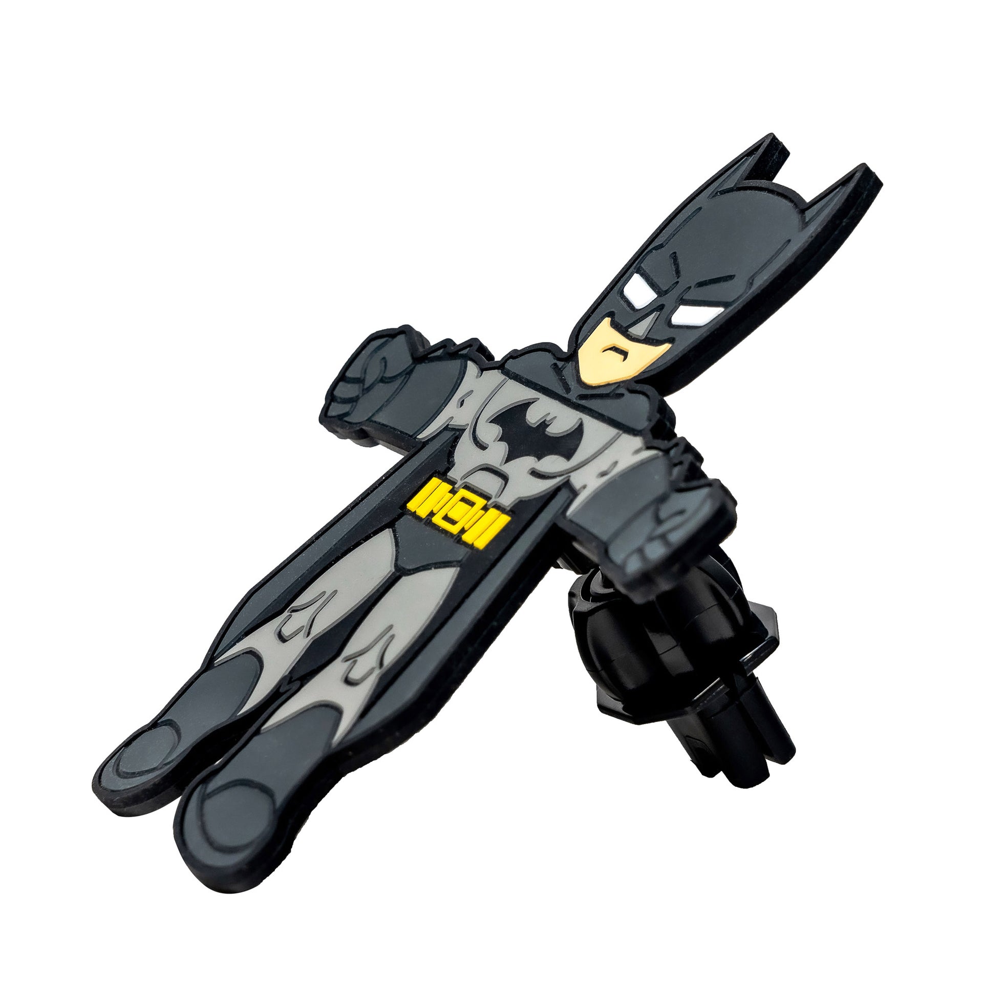 Image of Batman Hug Buddy on a white background sitting on its side, supported by its vent clip.
