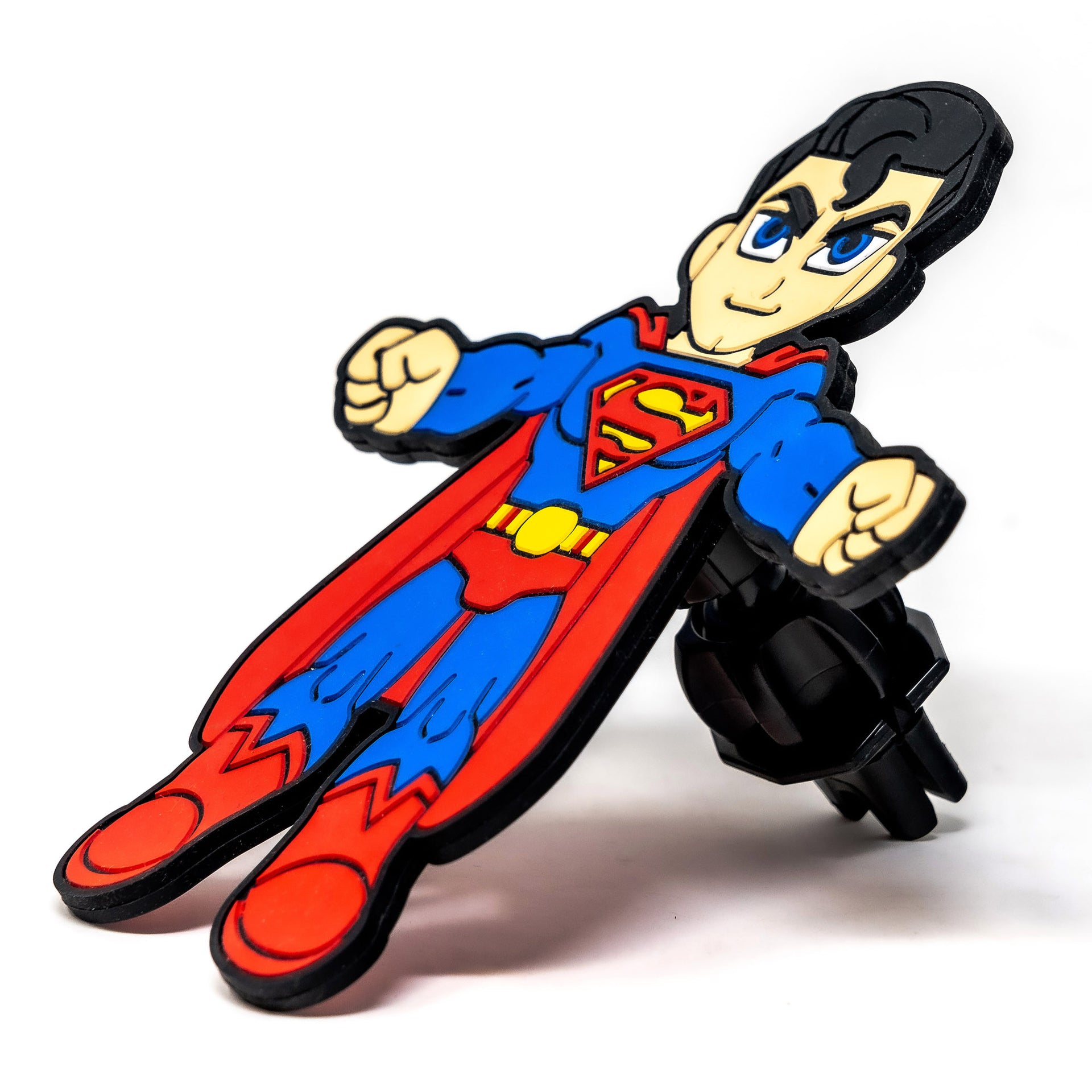 Image of DC Comics Superman Hug Buddy resting on its vent clip on a white background at a 45 degree angle