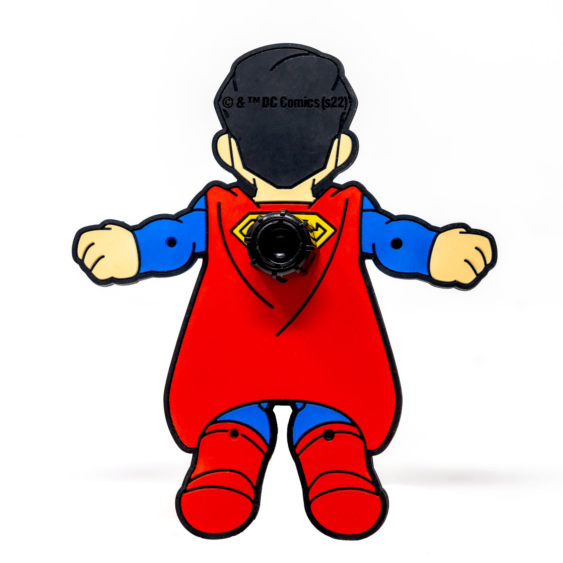Image of DC Comics Superman Hug Buddy showing the back of the figure and a close-up of the vent clip holder, on a white background