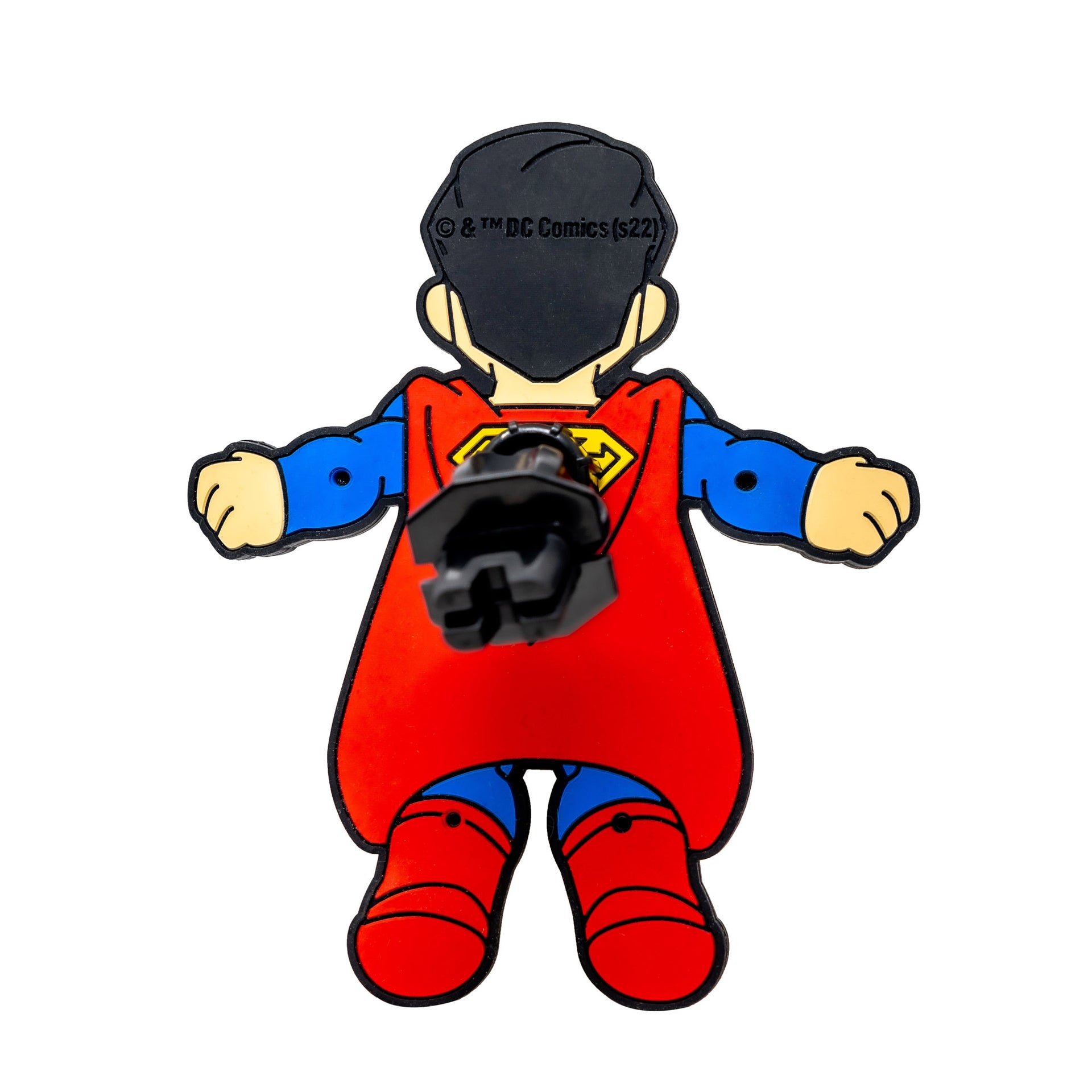 Image of DC Comics Superman Hug Buddy showing the back of the figure and a close-up of the vent clip, on a white background