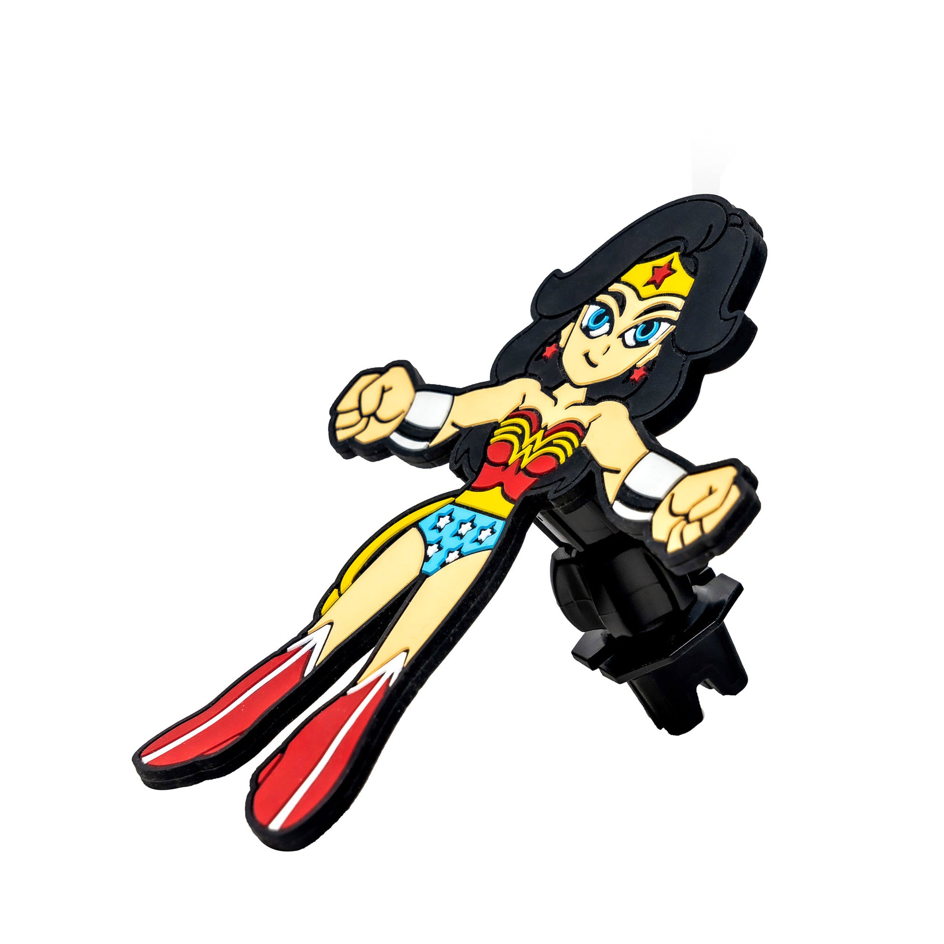 Image of DC Comics Wonder Woman Hug Buddy resting on its vent clip at a 45 degree angle on a white background