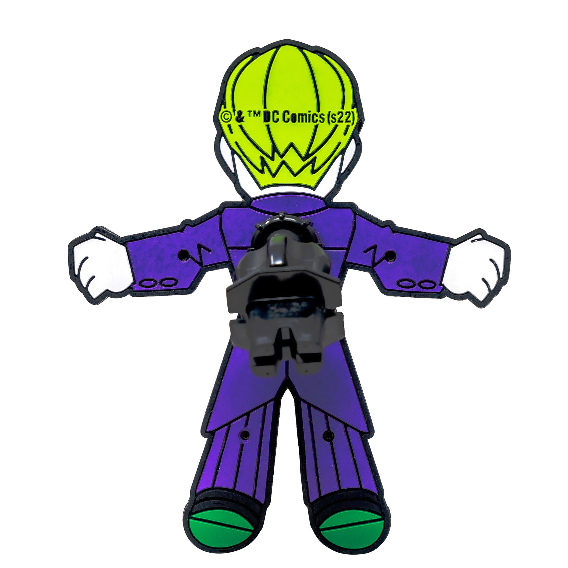 Image of DC Comics The Joker Hug Buddy showing the back of the figure and its vent clip on a white background