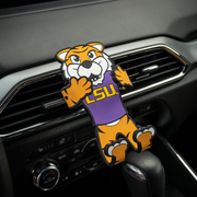 Image of NCAA LSU Tiger Hug Buddy attached to a car air vent with arms and legs in the folded closed position ready to hold a phone, GPS, or other smart device