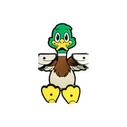 Image of Crumbs the duck Hug Buddy on a white background with arms and legs folded inward ready to hold a cellphone or other smart device