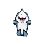 Image of Jaws the Shark Hug Buddy on a white background with arms and legs folded inward, ready to hold your cell phone