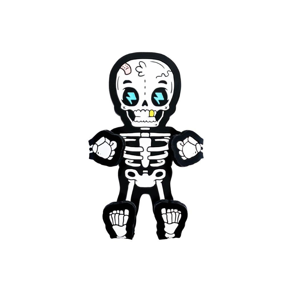 Image of Bones the Skeleton Hug Buddy on a white background with arms and legs folded inward, ready to hold onto your phone or GPS!