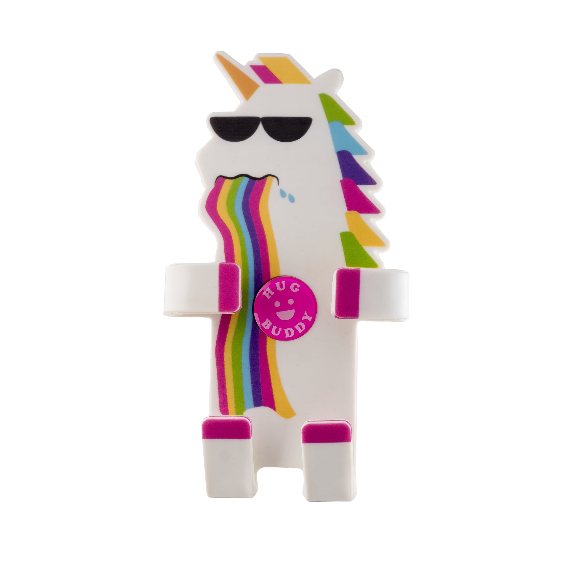 Image of Pukeycorn the unicorn Hug Buddy with arms and legs in the folded closed position on a white background