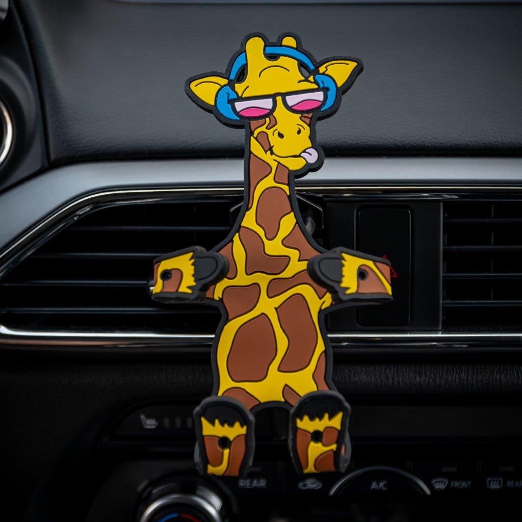 Image of Shorty the Giraffe Hug Buddy attached to a car air vent with arms and legs folded closed, ready to hold a cell-phone or other smart device