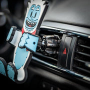 Image of the Yeti Hug Buddy attached to a vehicle air vent with arms and legs in the closed position ready to hold a cell-phone or GPS smart device. Close-up view of the vent clip attached to the air vent.