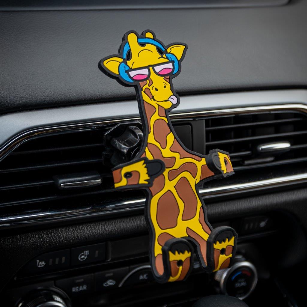 Image of Shorty the Giraffe Hug Buddy attached to a car air vent with arms and legs folded closed, ready to hold a cell-phone or other smart device