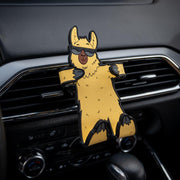 Image of Relaxa the Llama Hug Buddy attached to a car air vent with arms and legs in the folded closed position ready to hold a cell phone or other smart device