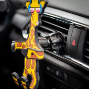 Image of Shorty the Giraffe Hug Buddy attached to a car air vent with arms and legs folded closed, ready to hold a cell-phone or other smart device with a close up on the vent clip