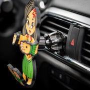 Image of Hula Girl Hug Buddy attached to a car air vent, with a close-up of the vent clip